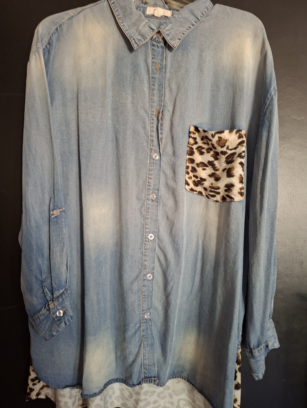 B.B. Simon Light Blue Denim-Effect Button Down Shirt with Leopard Pocket